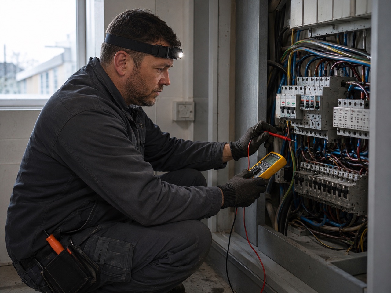 Elektriker felsöker en elanläggning med multimeter
